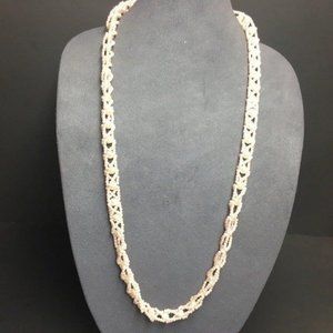 Long Handmade Necklace Pale Pink White Pearl Knit Crochet Retro Barbie Soft Girl